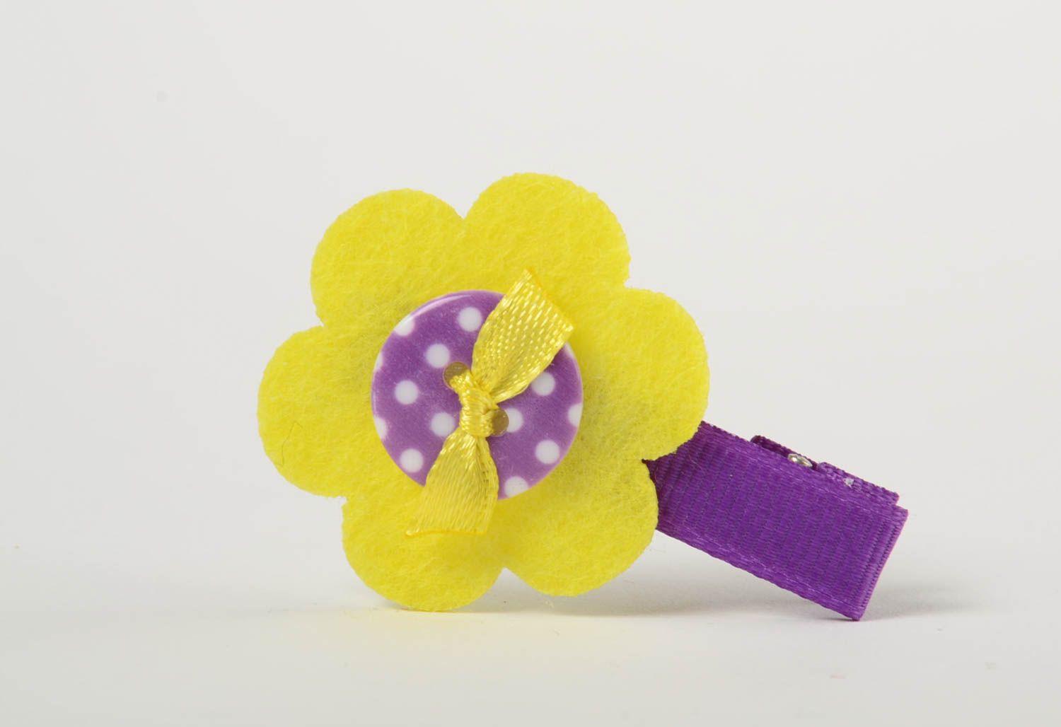 Handgemachte Haarklemme aus Ripsband in Form von Blume für Mädchen lila mit gelb foto 4