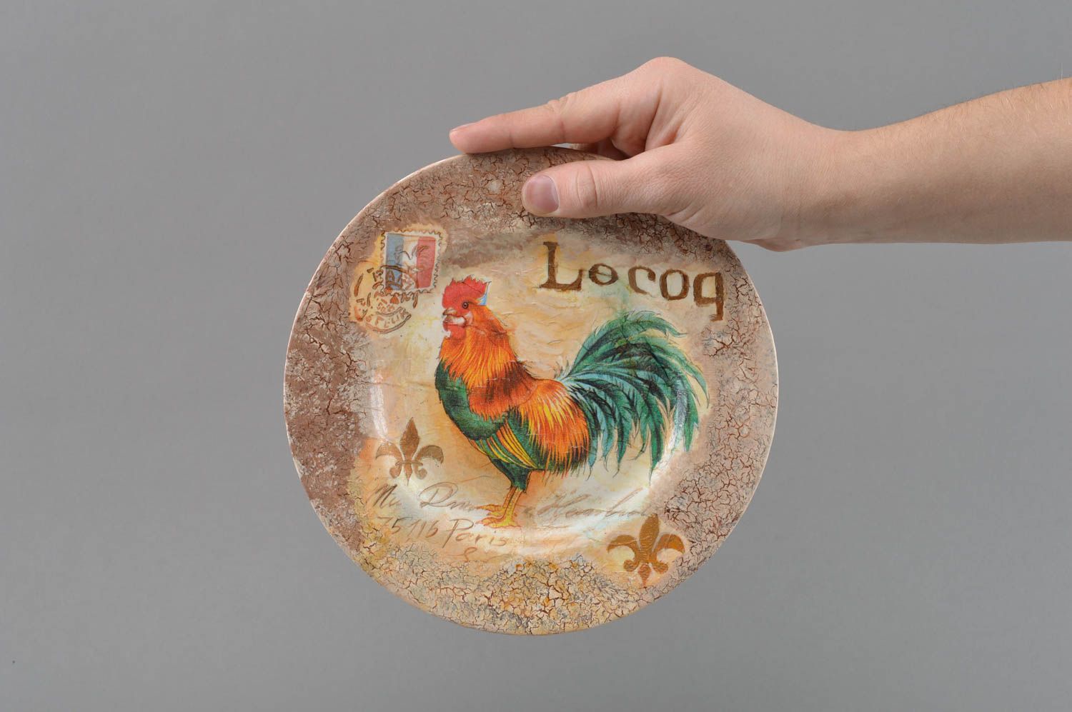 Beautiful handmade designer decoupage glass wall plate for home decor Rooster photo 4