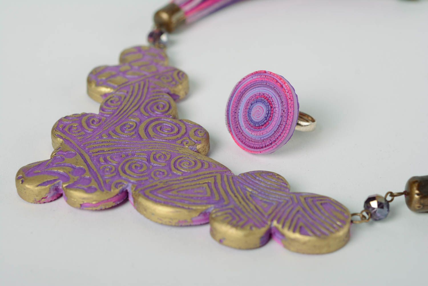 Set of handmade violet polymer clay jewelry necklace and round ring 2 items photo 3