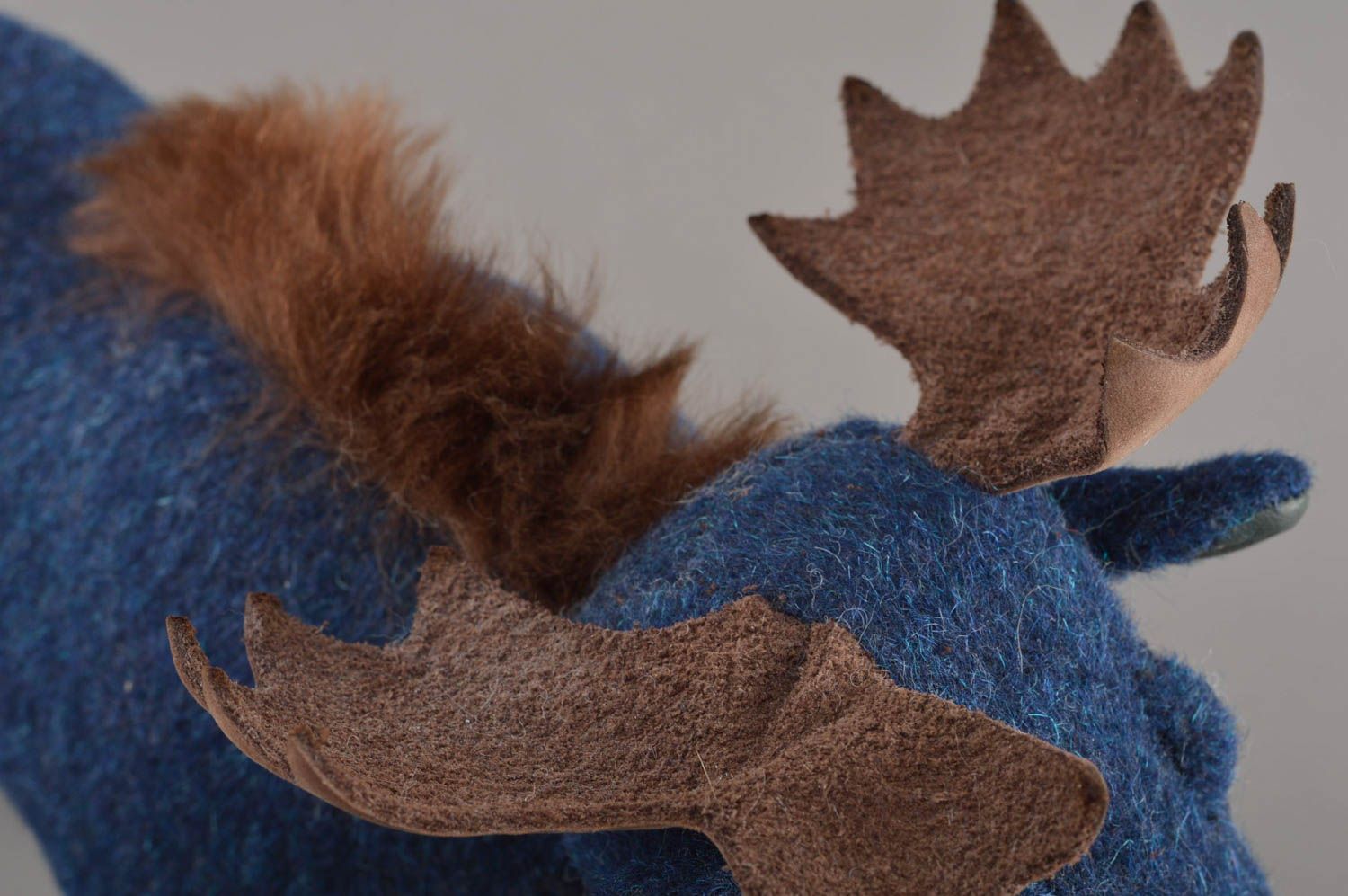 Small handmade blue soft toy elk sewn of half woolen fabric for kids and decor photo 2