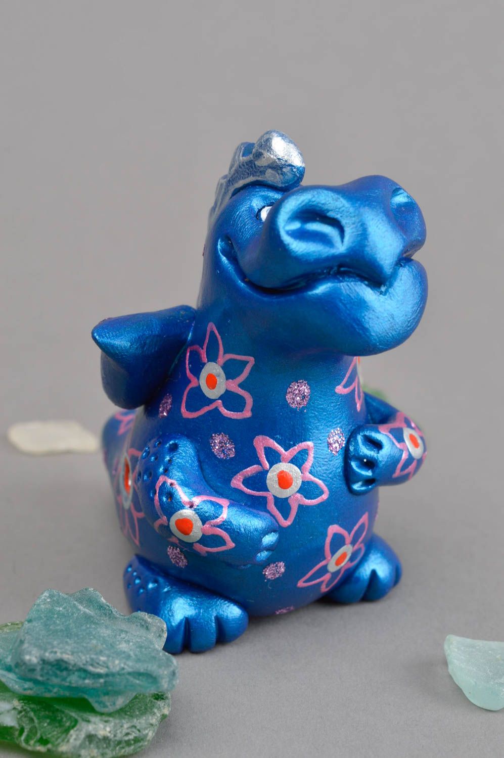 Sifflet jouet fait main Instrument de musique Figurine dragon bleu en argile photo 1