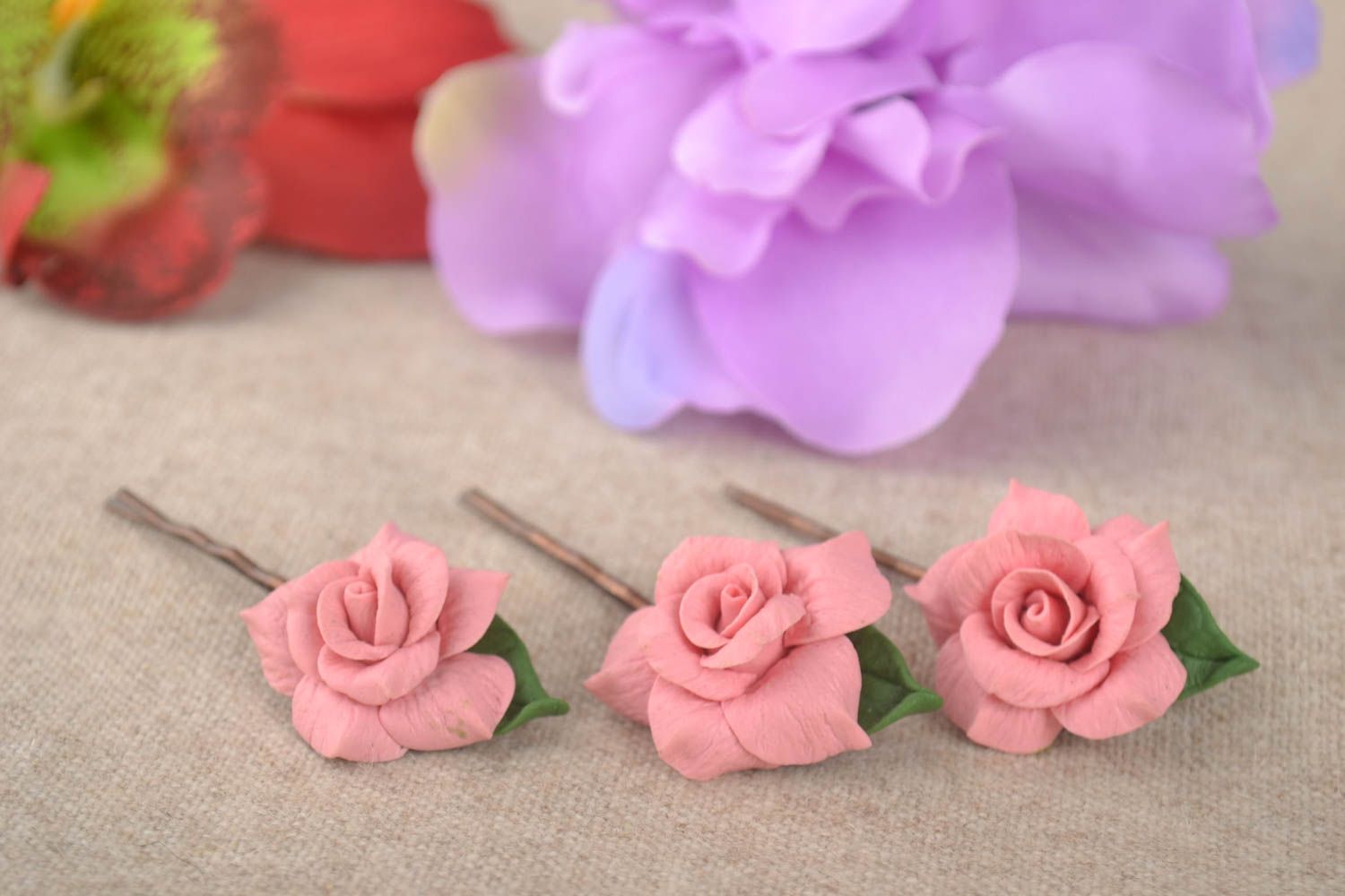 Blume Haarspangen handgemachter Schmuck Accessoires für Haare rosa Rosen Set 3 foto 1