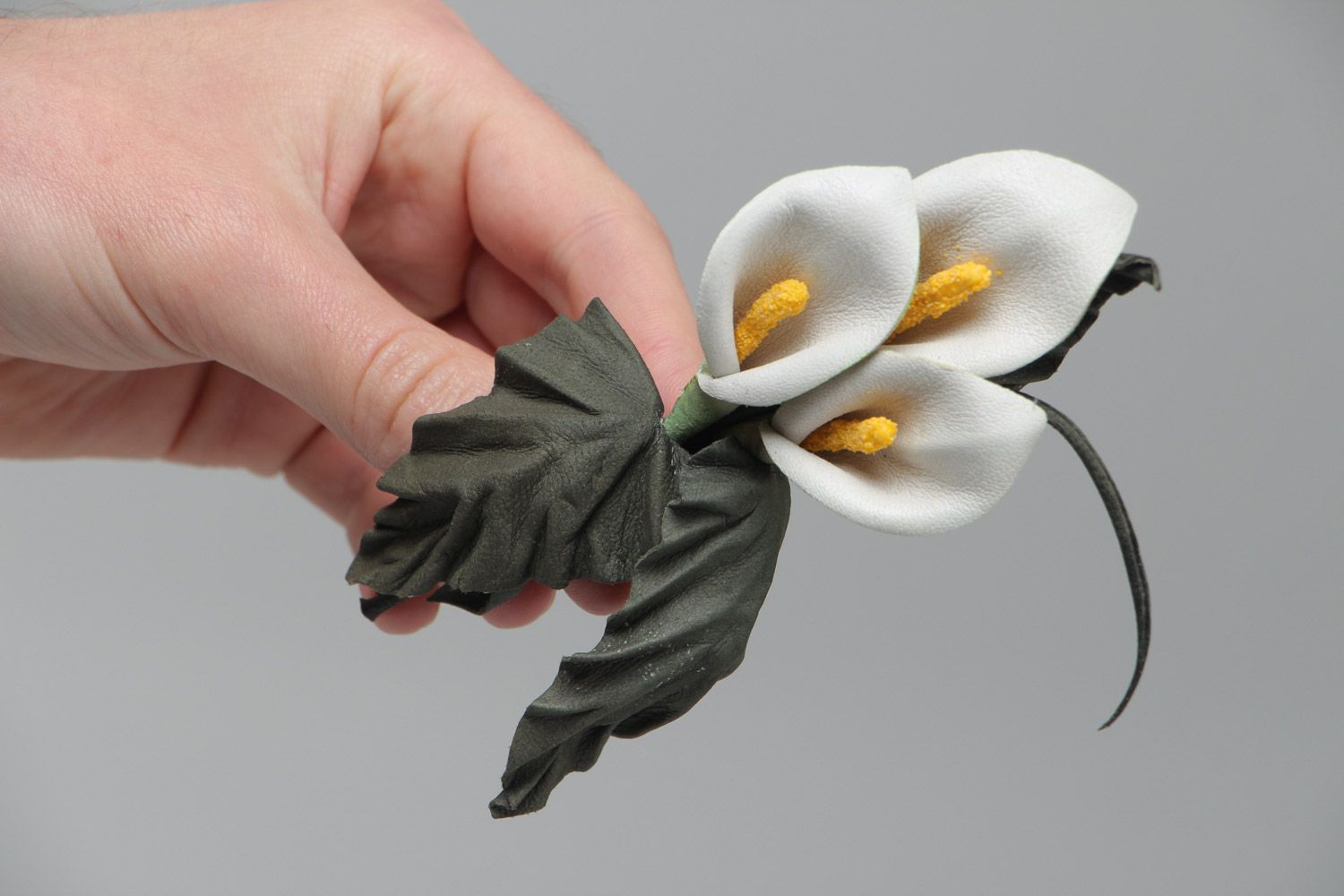 Handmade women's brooch with tender white leather flower with black leaves photo 5