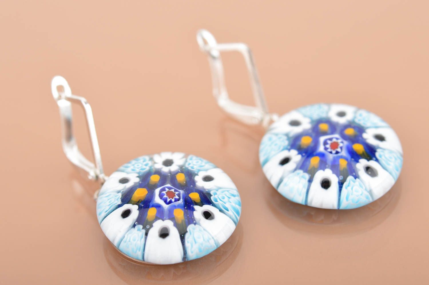 Handmade murano glass round dangle earrings blue with yellow dots photo 2