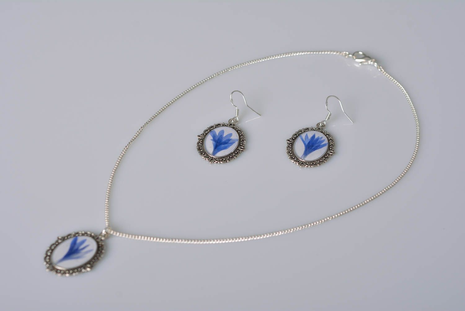Parure de Bijoux en résine faite main bleuets Boucles d'oreilles pendentif photo 2