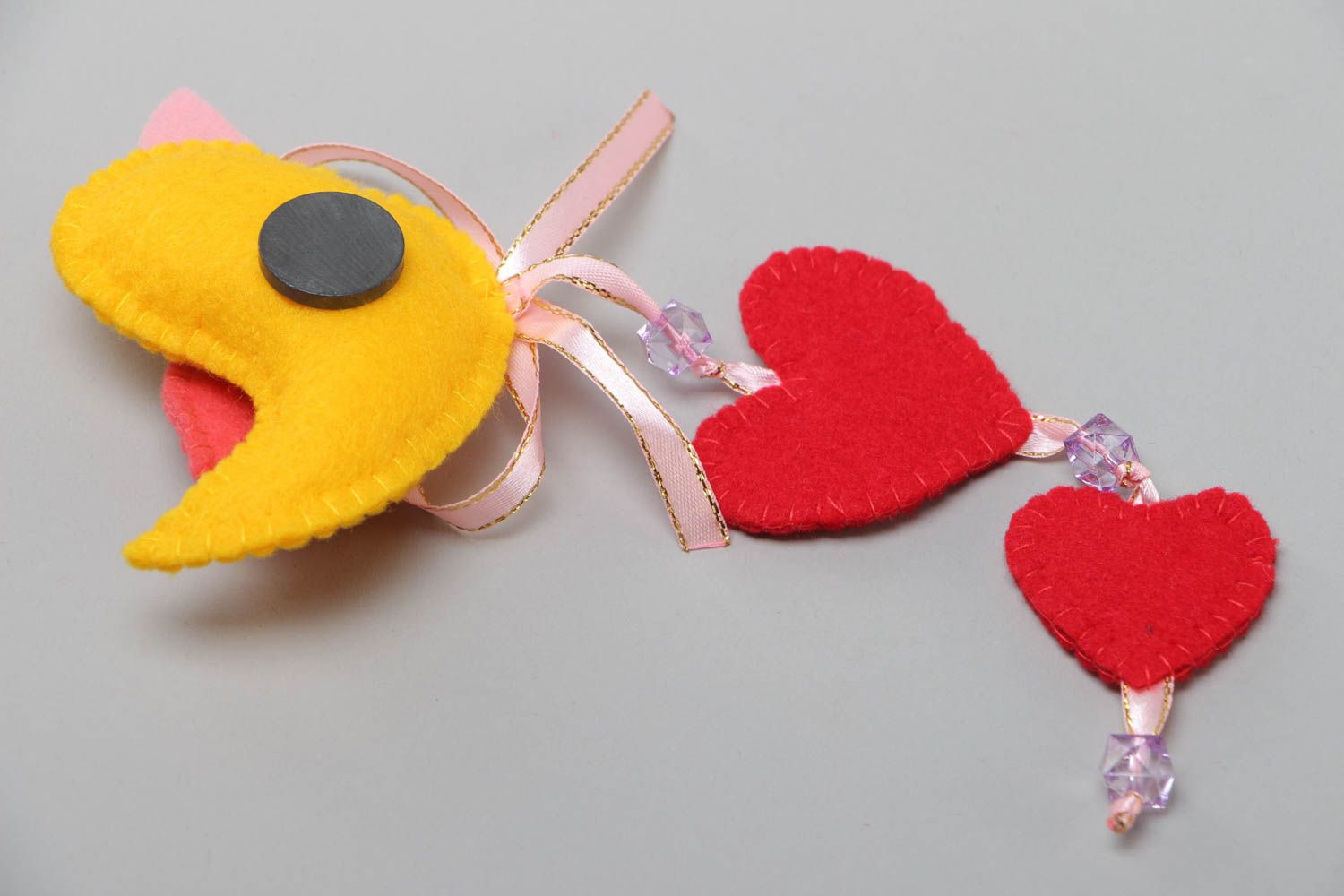 Handmade fridge magnet with pendant made of felt Bird with Hearts home decor photo 4