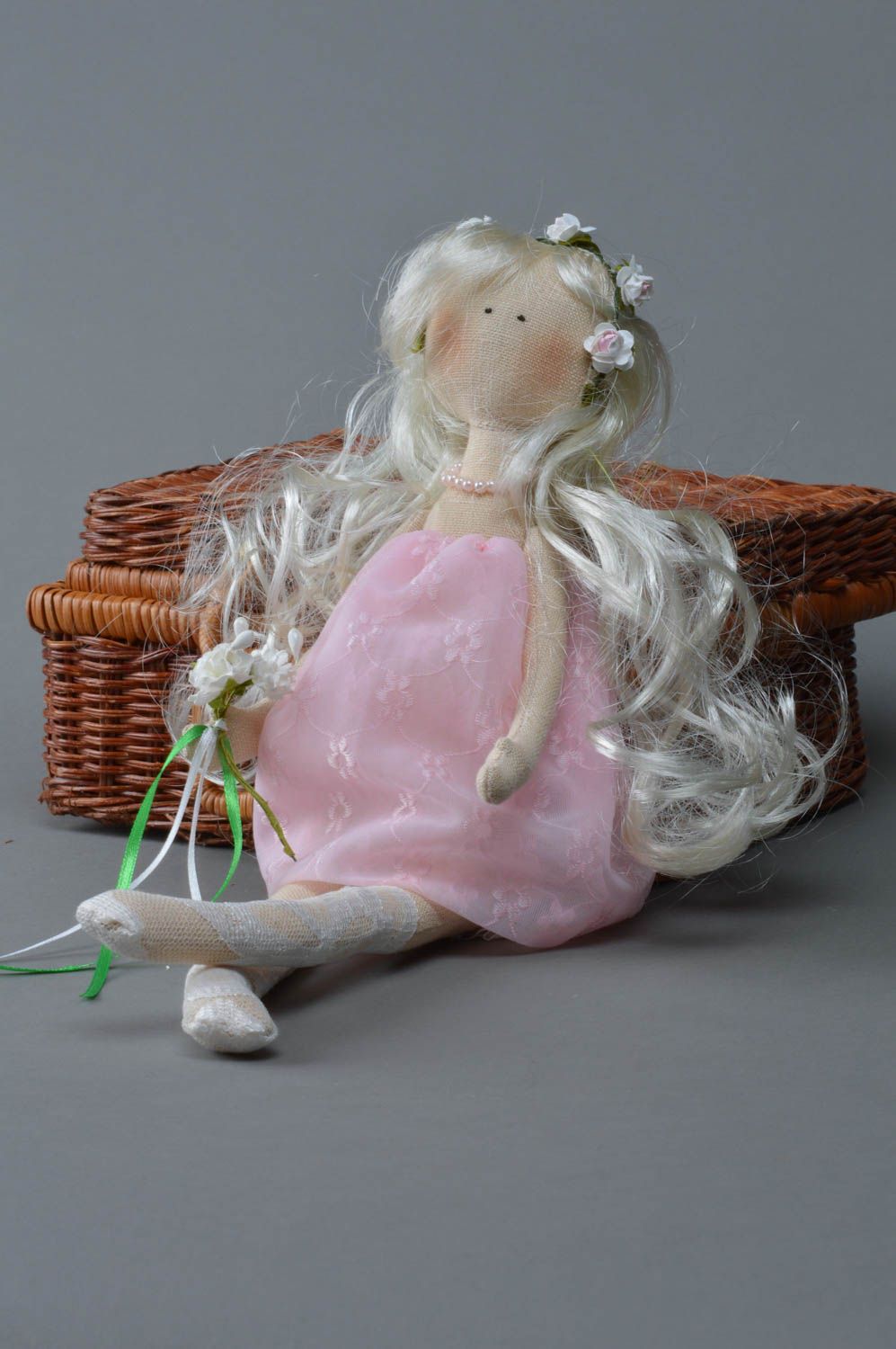 Handmade designer linen fabric interior soft doll in pink dress with light hair photo 3