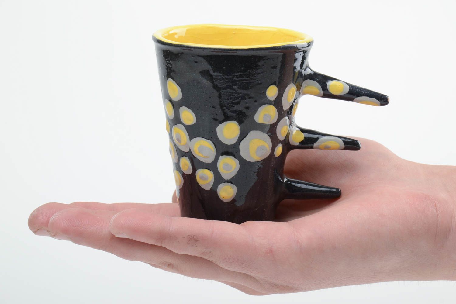 Ceramic art coffee 10 oz cup in black and yellow colors with unique three stick handle photo 5