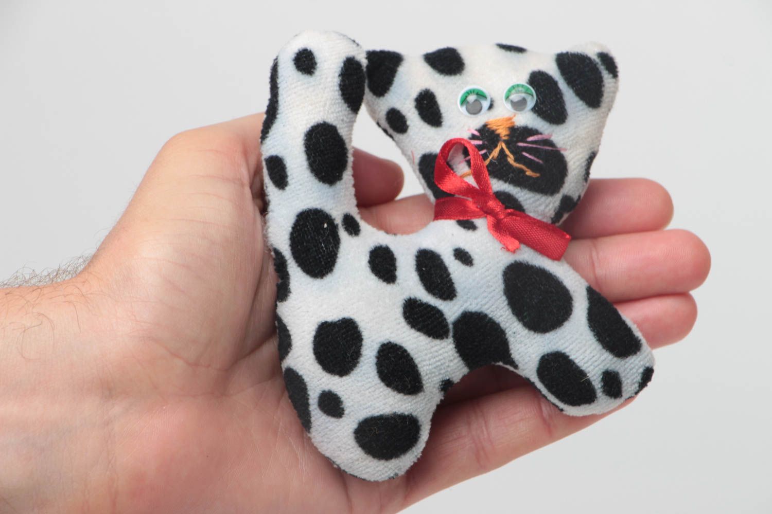Handmade designer fleece soft toy black and white kitten with red bow for kids photo 5