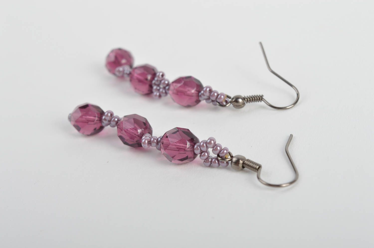 Handmade long laconic designer violet earrings with plastic and Czech beads photo 5