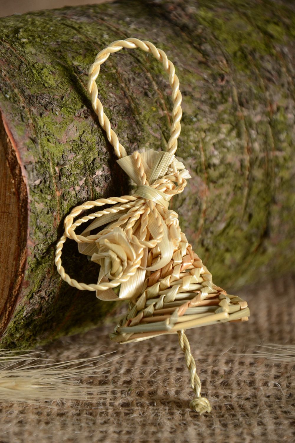 Small wall hanging bell woven of straw handmade for interior decoration photo 1