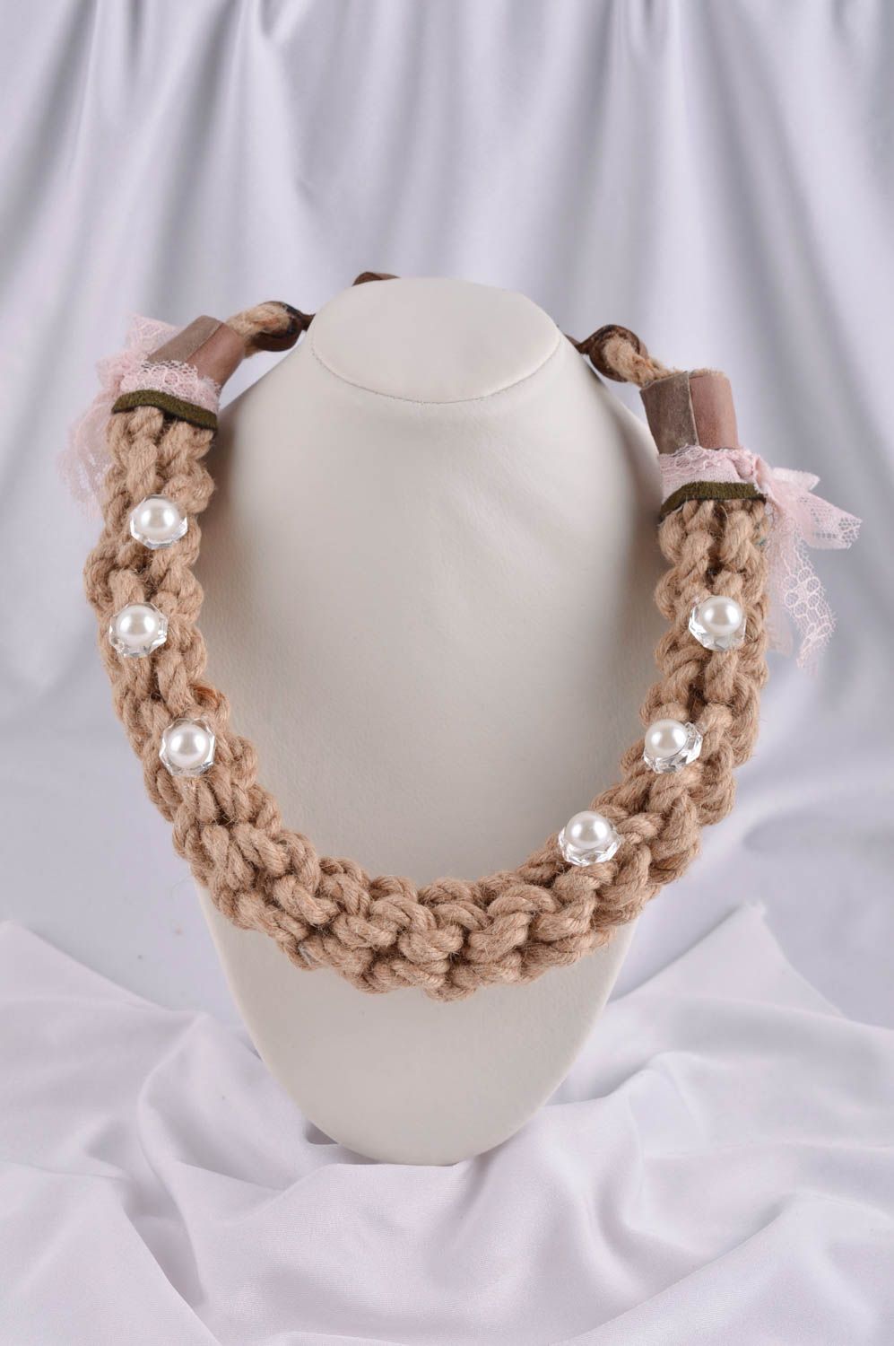 Handmade textile necklace woven elegant jewelry stylish beaded accessory photo 1