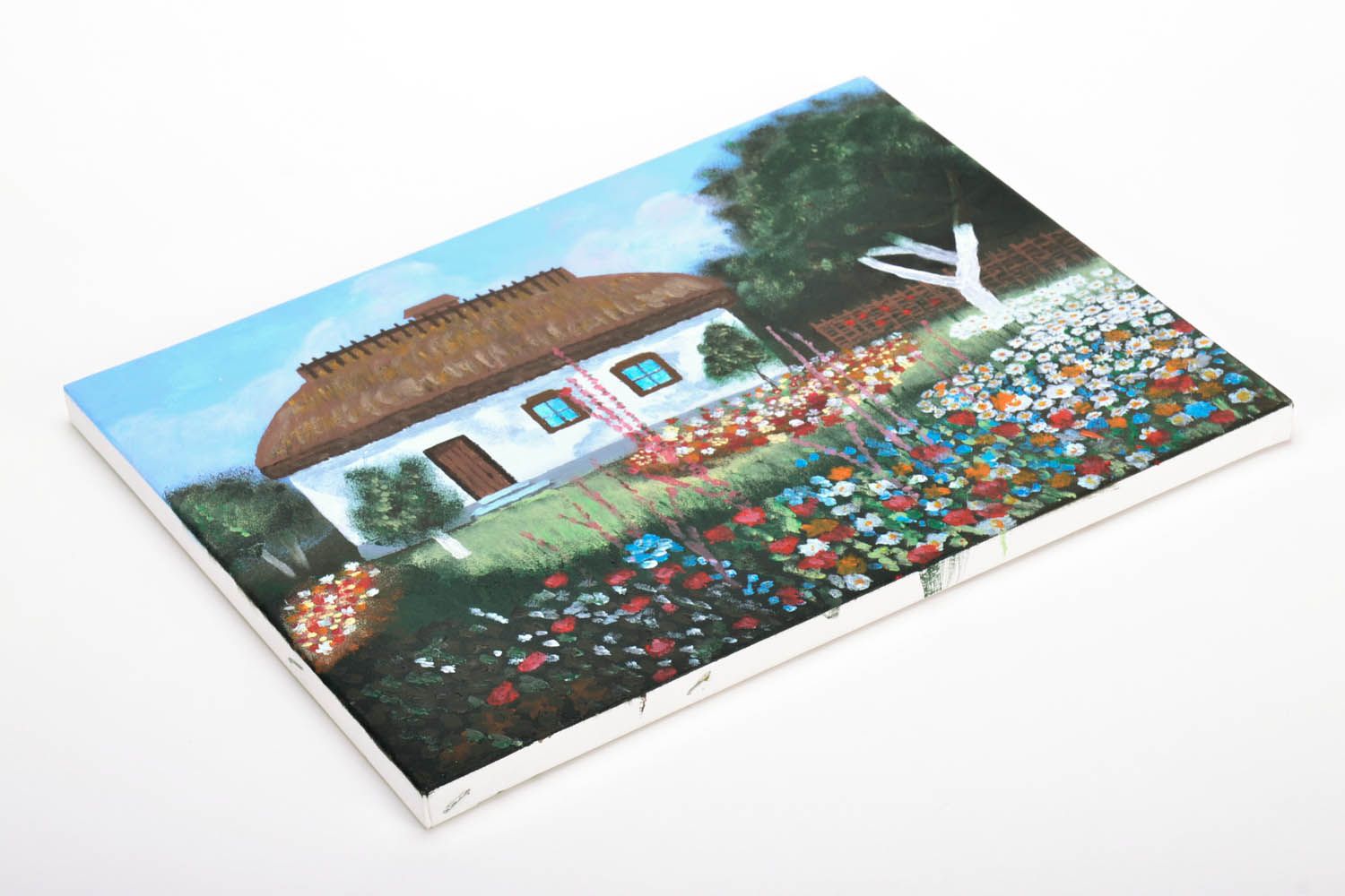 Cuadro pintado con acrílicos Casa con jardín foto 3