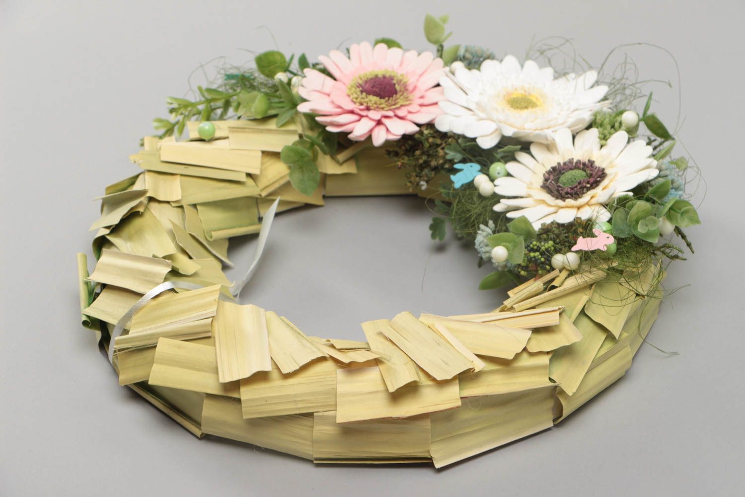 Handmade interior designer door wreath with polymer clay flowers Gerbera photo 4