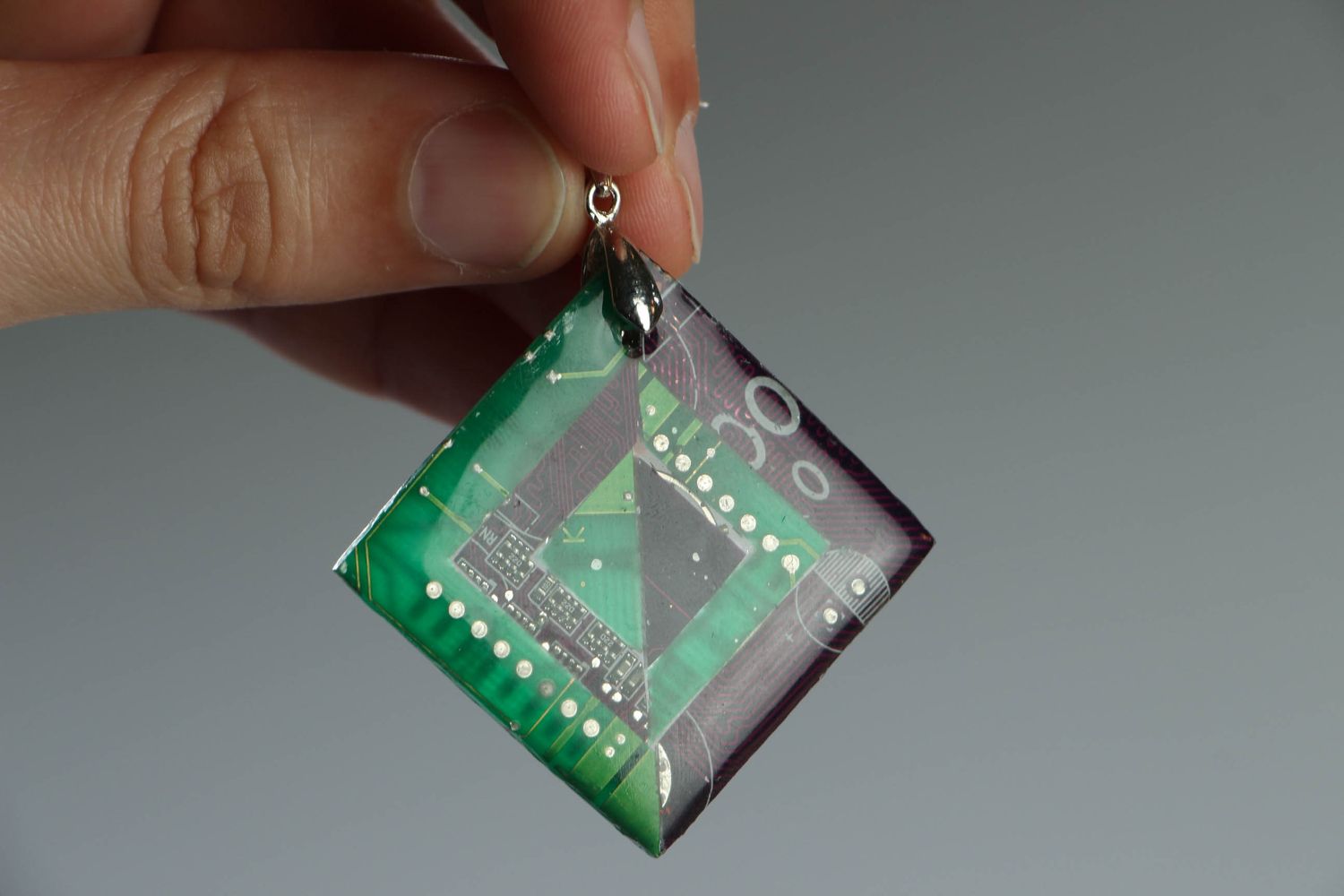 Square cyberpunk pendant with microchips photo 4