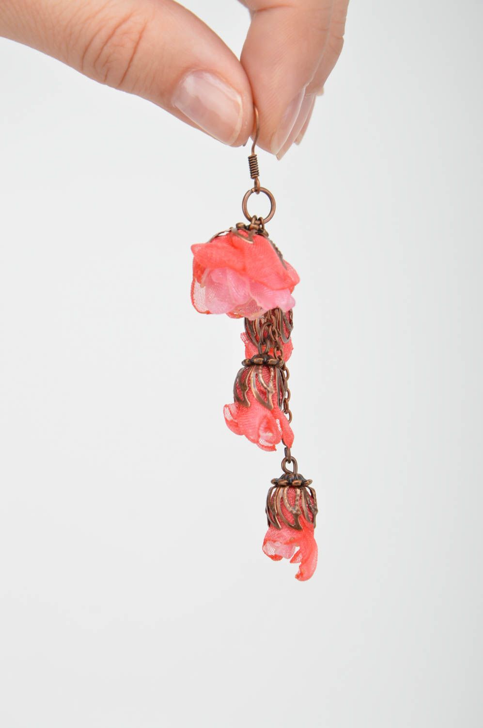 Handmade unusual long earrings flower textile accessory beautiful earrings photo 2