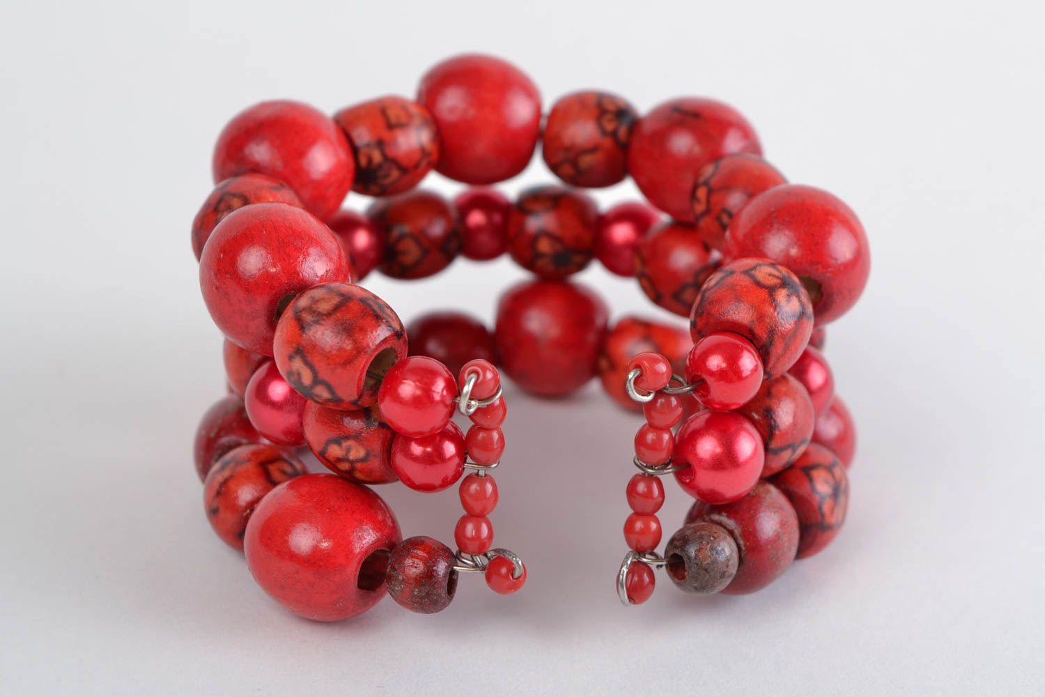 Bracelet made of wood and acrylic three rows female red handmade accessory photo 4