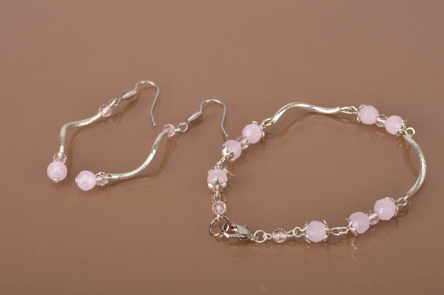 Elegant jewelry set handmade metal earrings with beads metal bracelet with beads photo 2