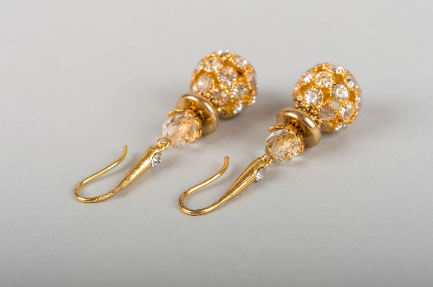Elegant festive handmade designer long brass earrings with crystal beads photo 4