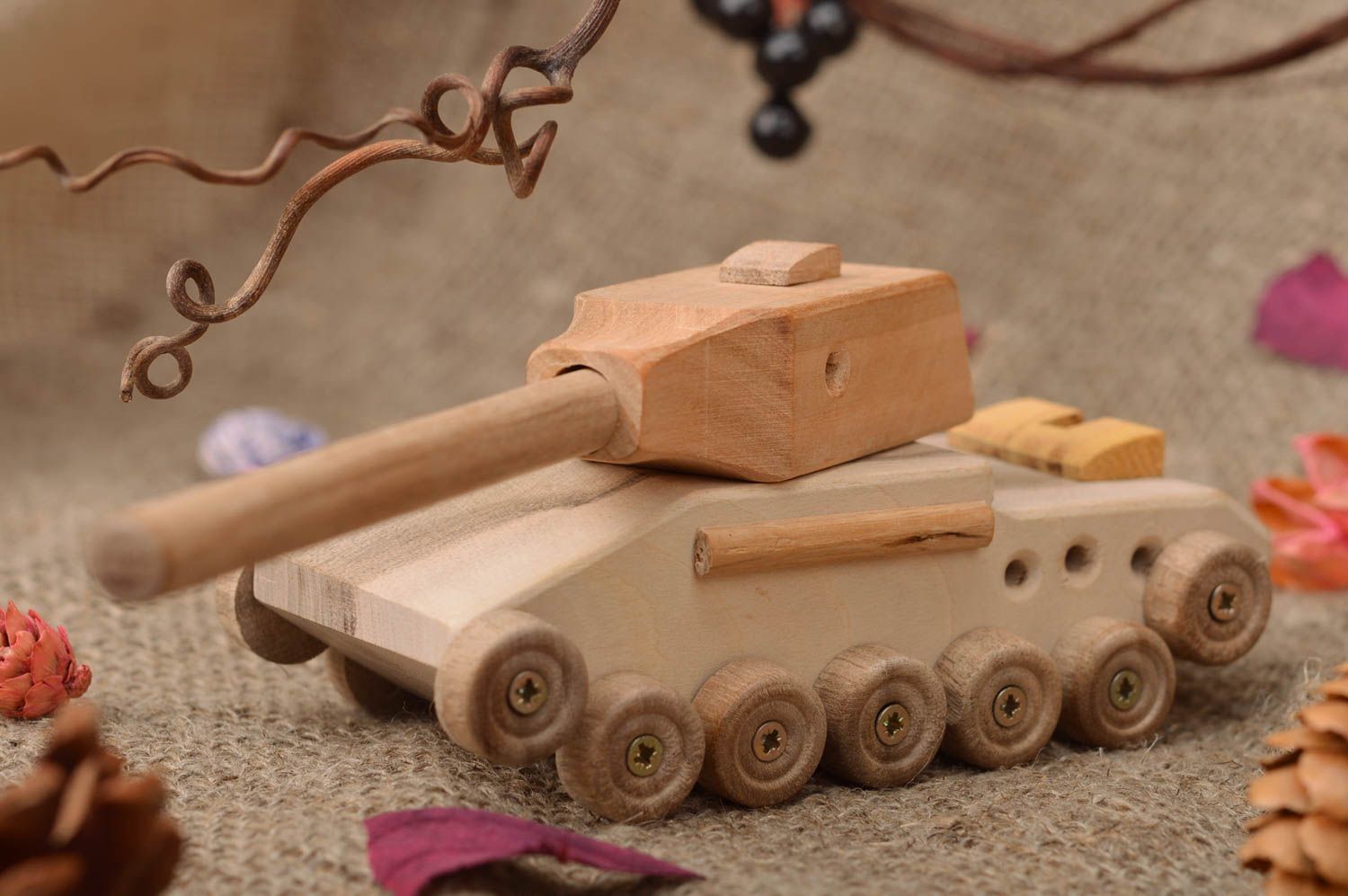 Unusual handmade designer children's wooden toy tank for children and collection photo 1