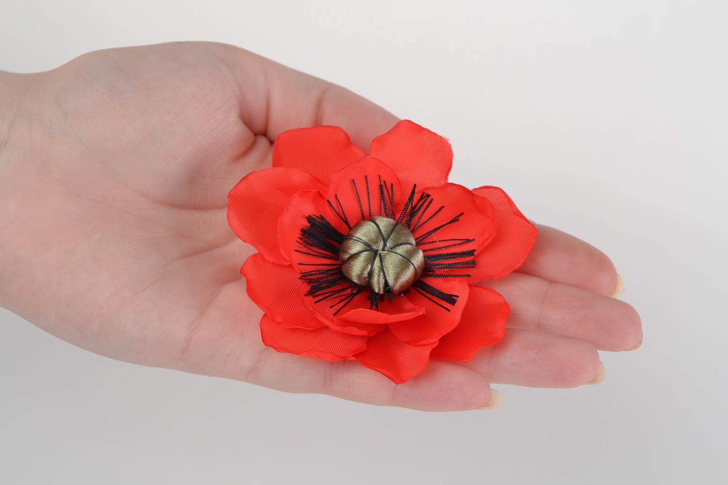 Handmade decorative hair clip with satin ribbon volume flower red Poppy photo 2