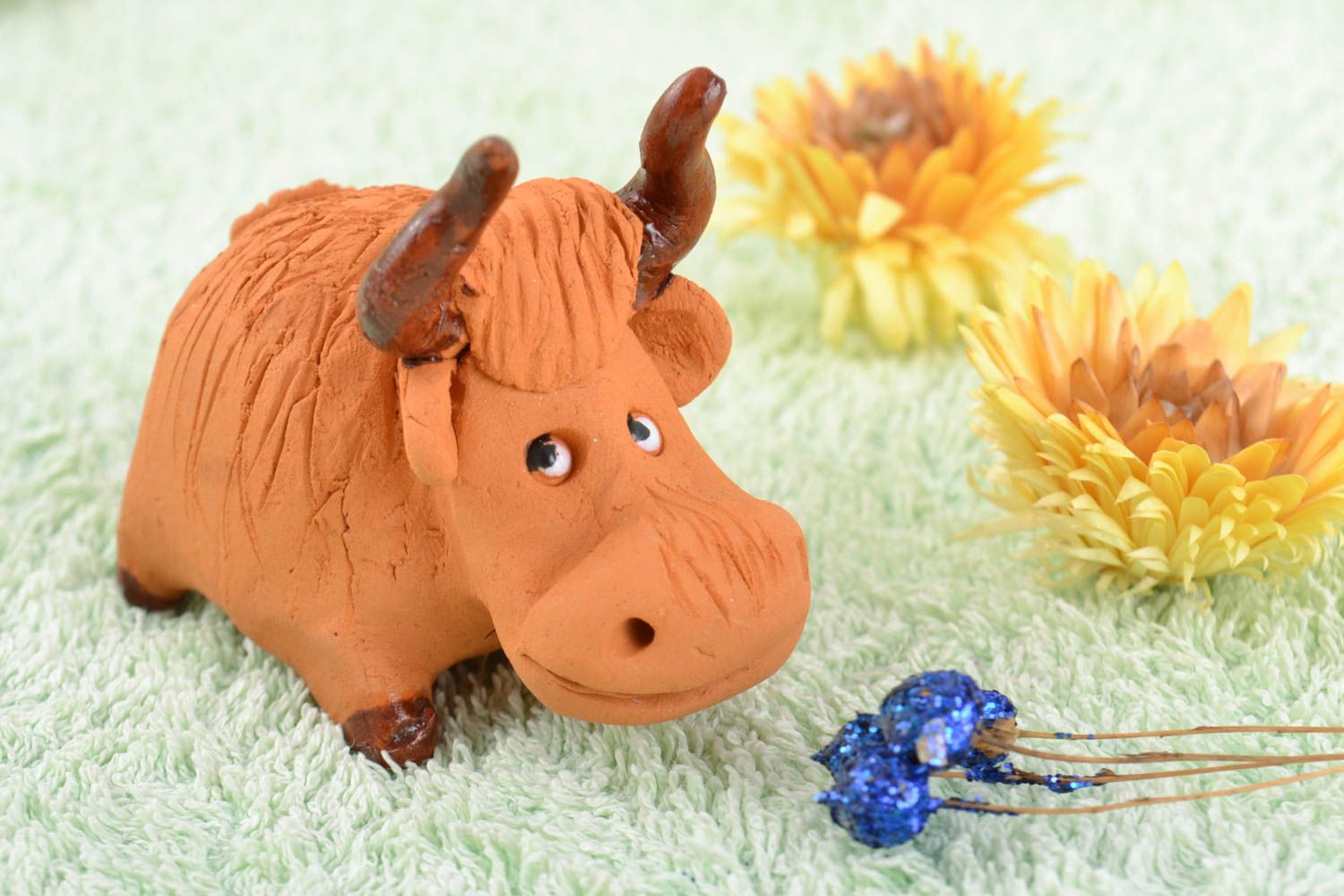 Handmade small brown ethnic ceramic figurine of bull painted with acrylics  photo 1