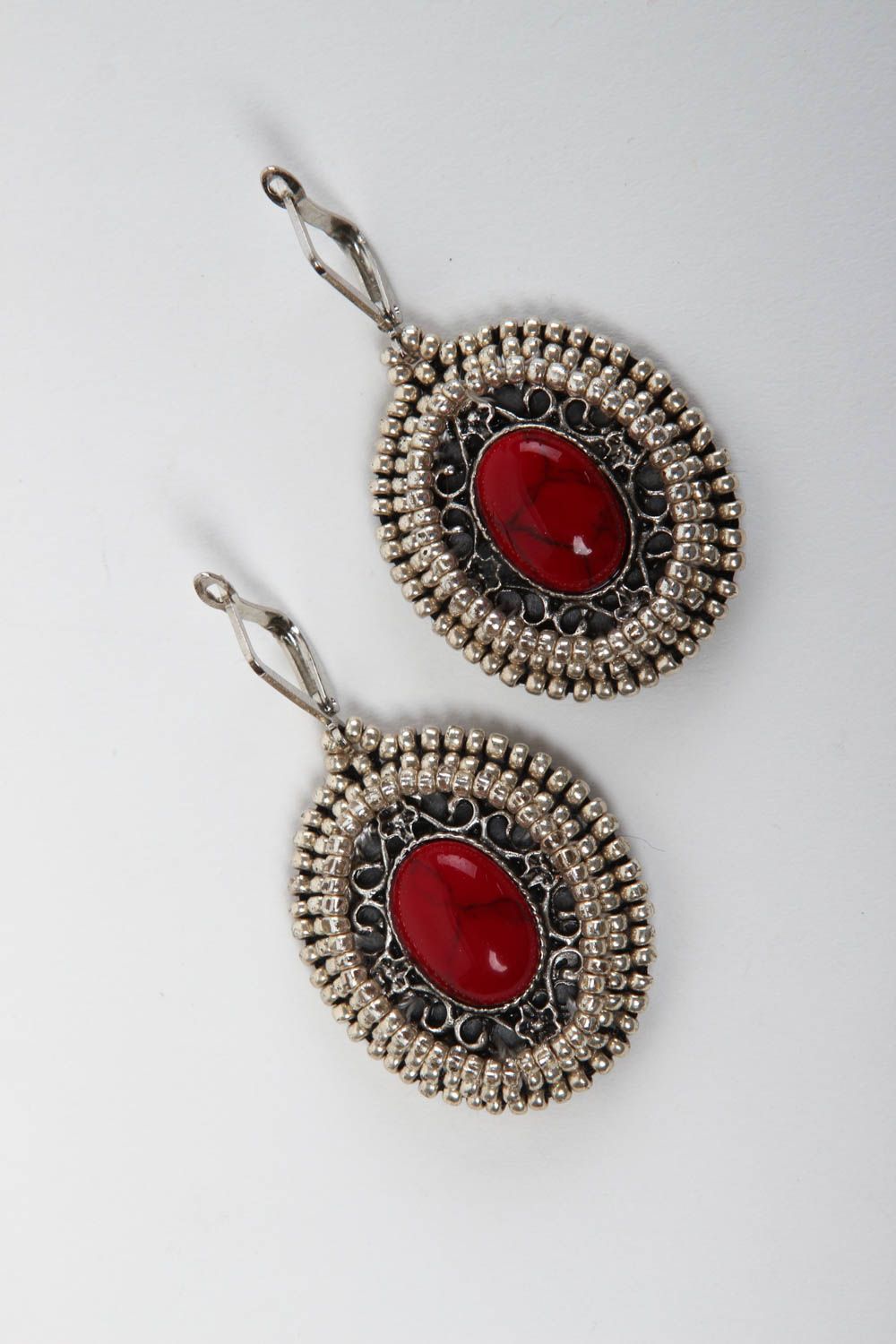 Oval handmade metal earrings beaded gemstone earrings accessories for girls photo 2