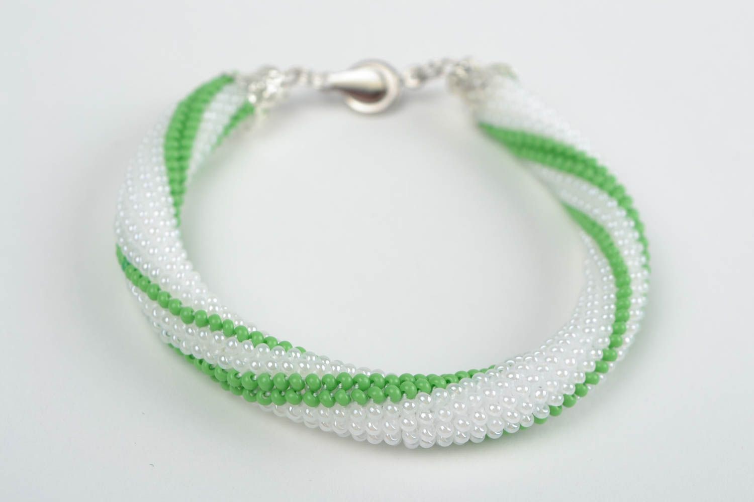 Handmade festive cute beautiful white and green beaded cord bracelet photo 4