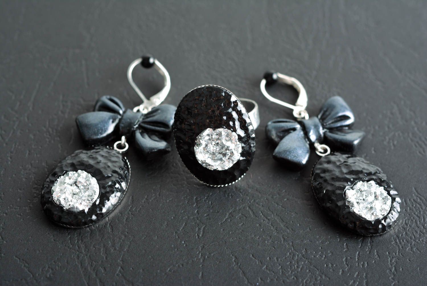 Handmade earrings designer ring clay accessories unusual set of jewelry photo 1