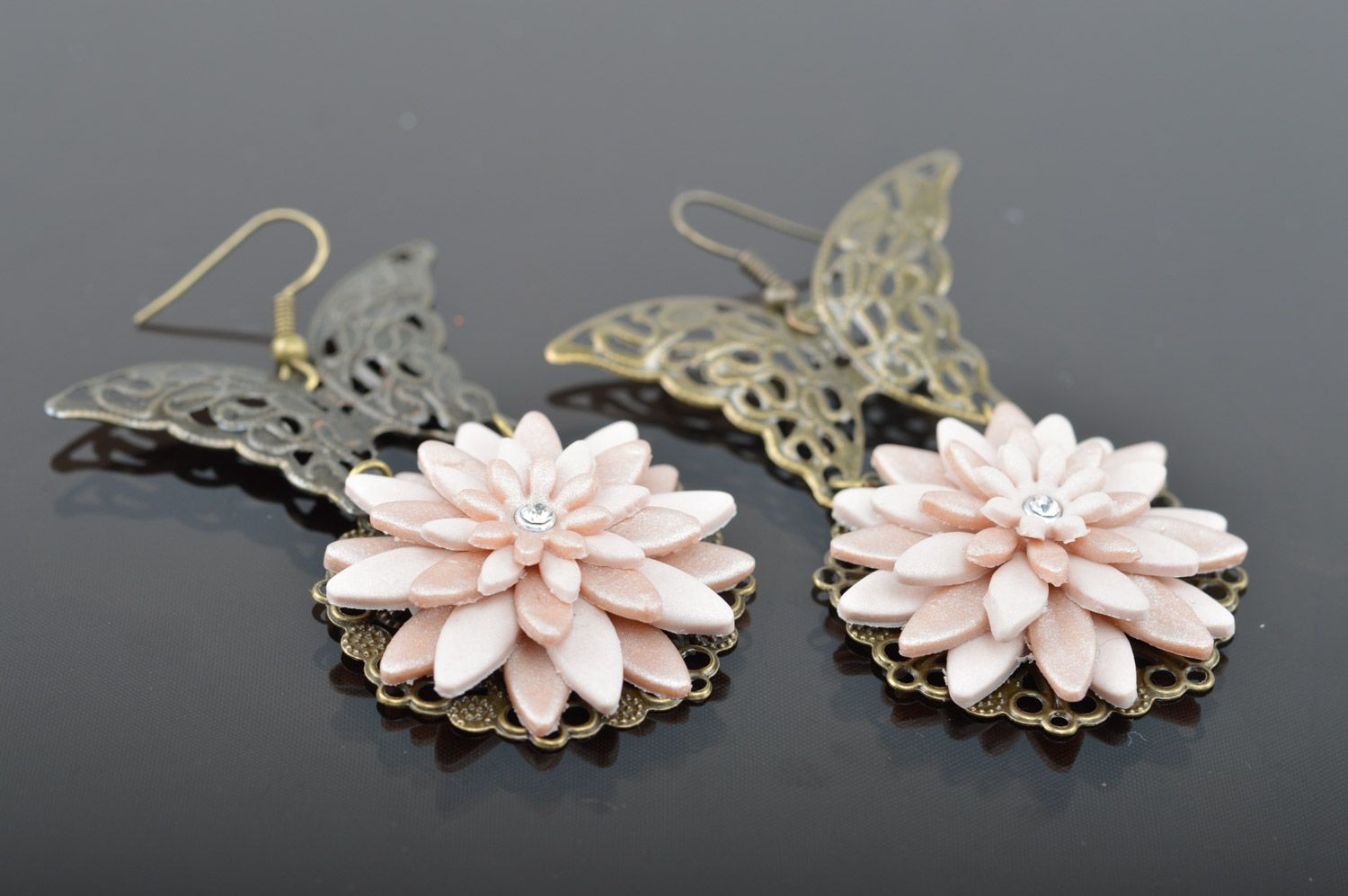 Handmade women's plastic earrings with charms in the shape of butterflies on aster flowers photo 3