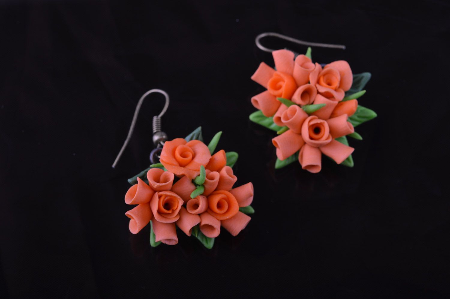 Unusual festive handmade polymer clay flower earrings of orange color photo 1