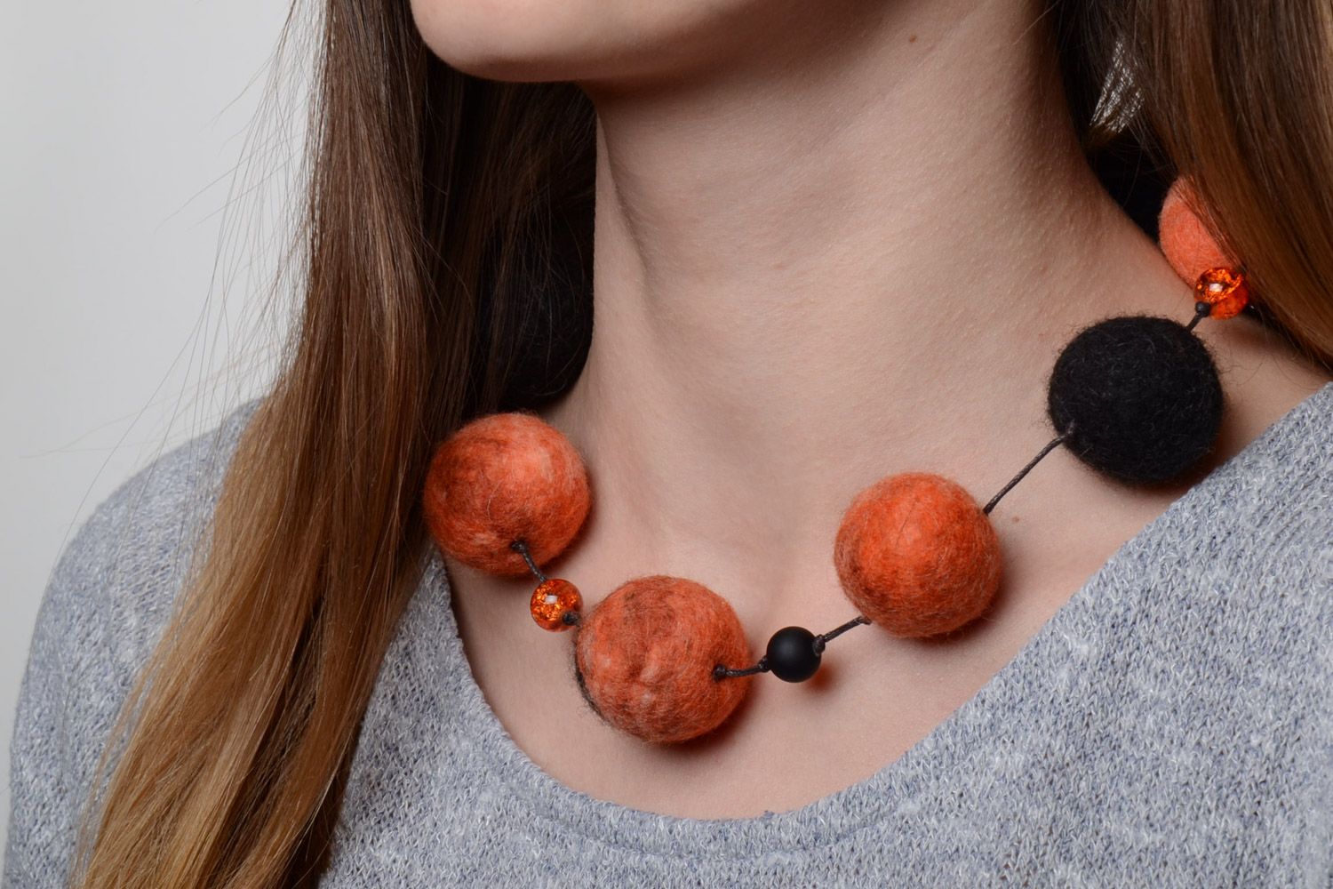 Orange and black handmade large felted wool ball necklace photo 1