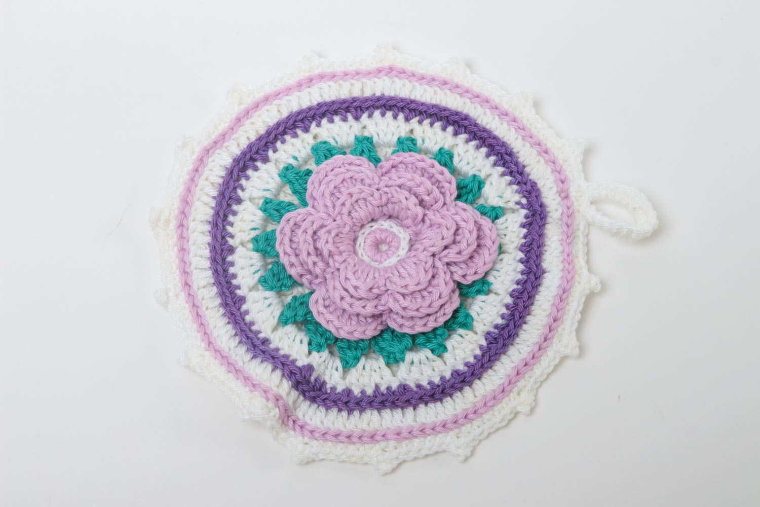 Handmade Topflappen gehäkelt Küchen Textilien Haus Deko violett mit Blume foto 2