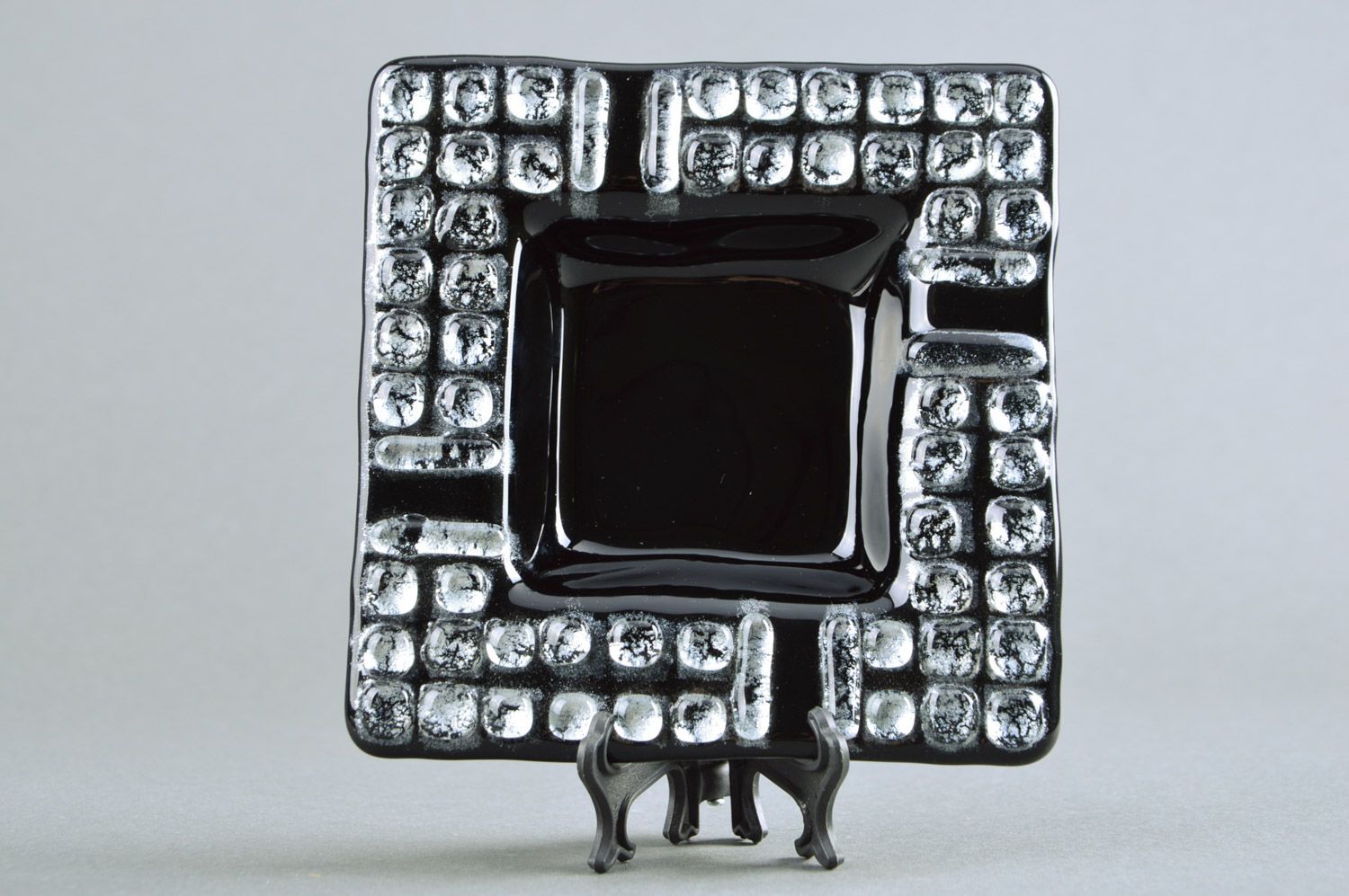 Handmade elegant decorative black fused glass ashtray with silver inserts photo 2