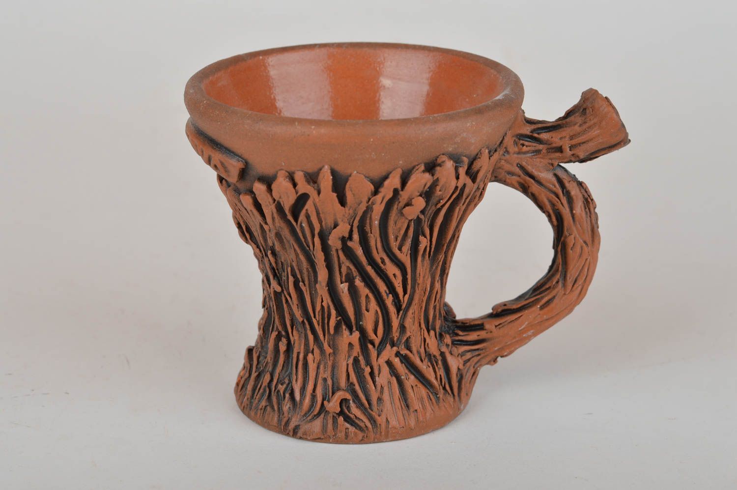 3 oz clay coffee cup glazed inside with wood fake pattern and handle photo 2