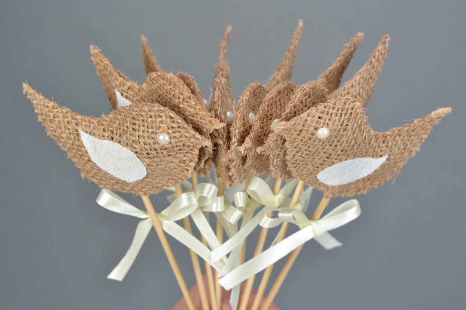 Handmade cute small fabric decoration beige bird on stick for flowerpot photo 5
