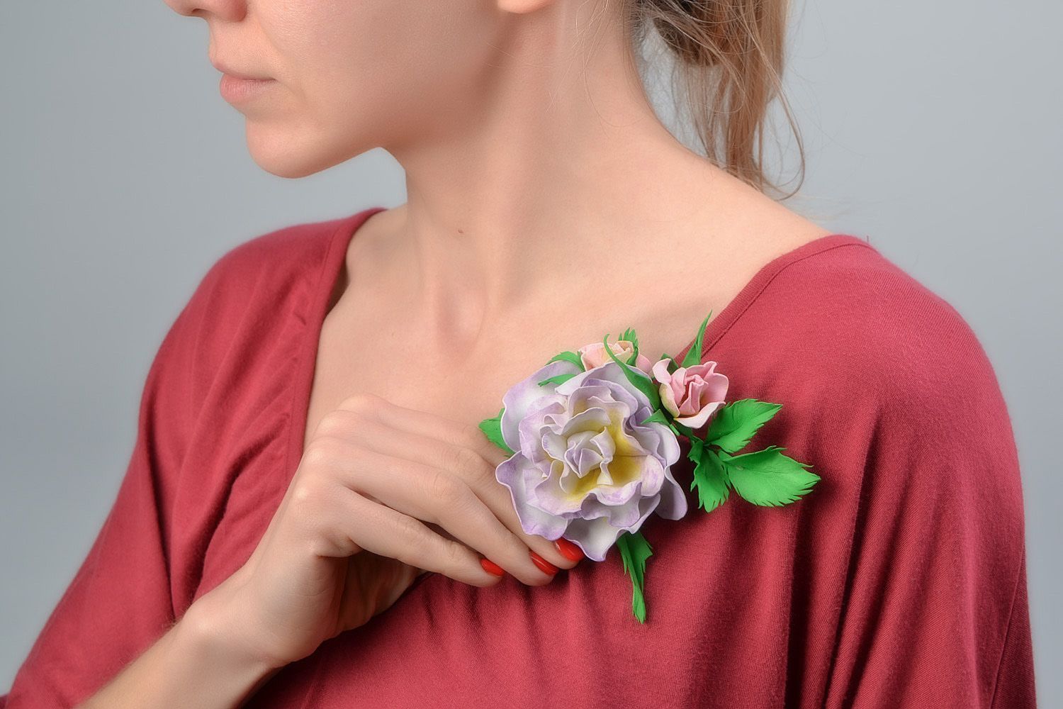 Handmade hair clip brooch with tender violet foamiran rose accessory transformer photo 1