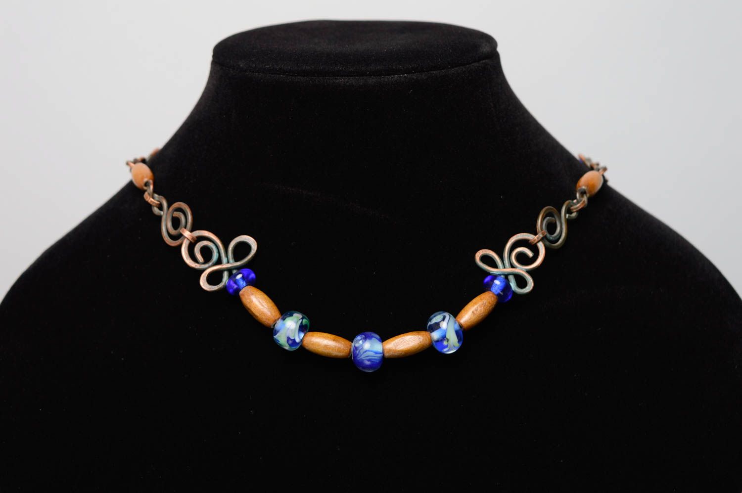 Wire wrap necklace with designer lampwork and wooden beads Venice photo 2