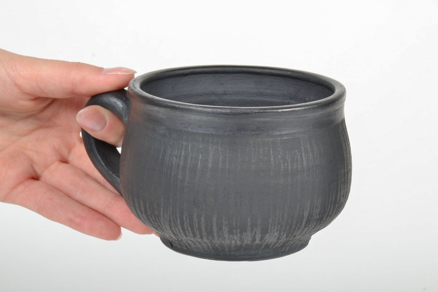 Black clay unglazed coffee cup with handle 0,75 lb photo 5