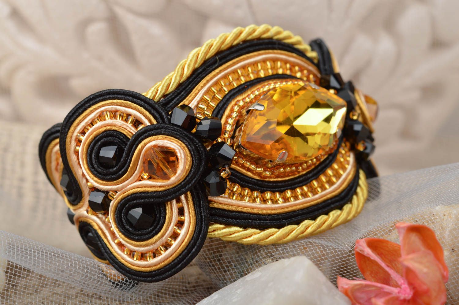 Beautiful yellow handmade designer soutache wide bracelet with Czech beads photo 1