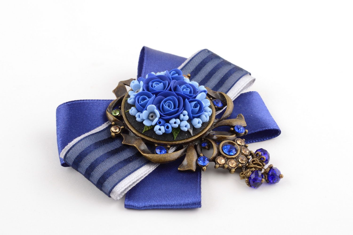 Blue designer handmade brooch with ribbons and flowers made of polymer clay photo 4