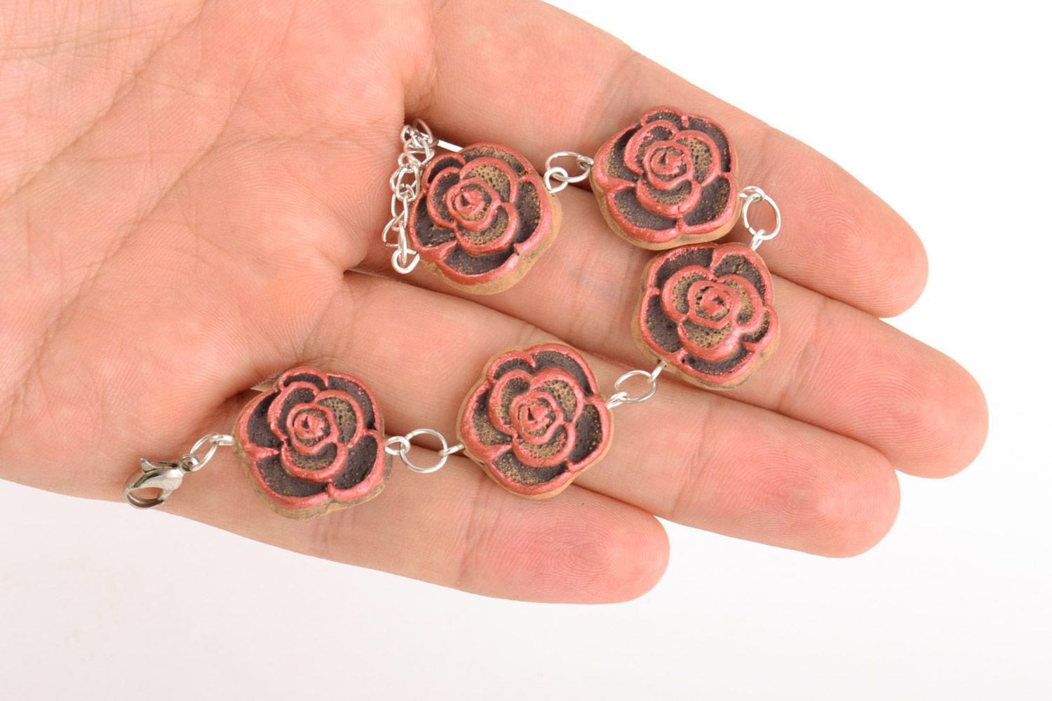 Handmade ethnic wrist bracelet on chain with painted ceramic floral elements photo 2