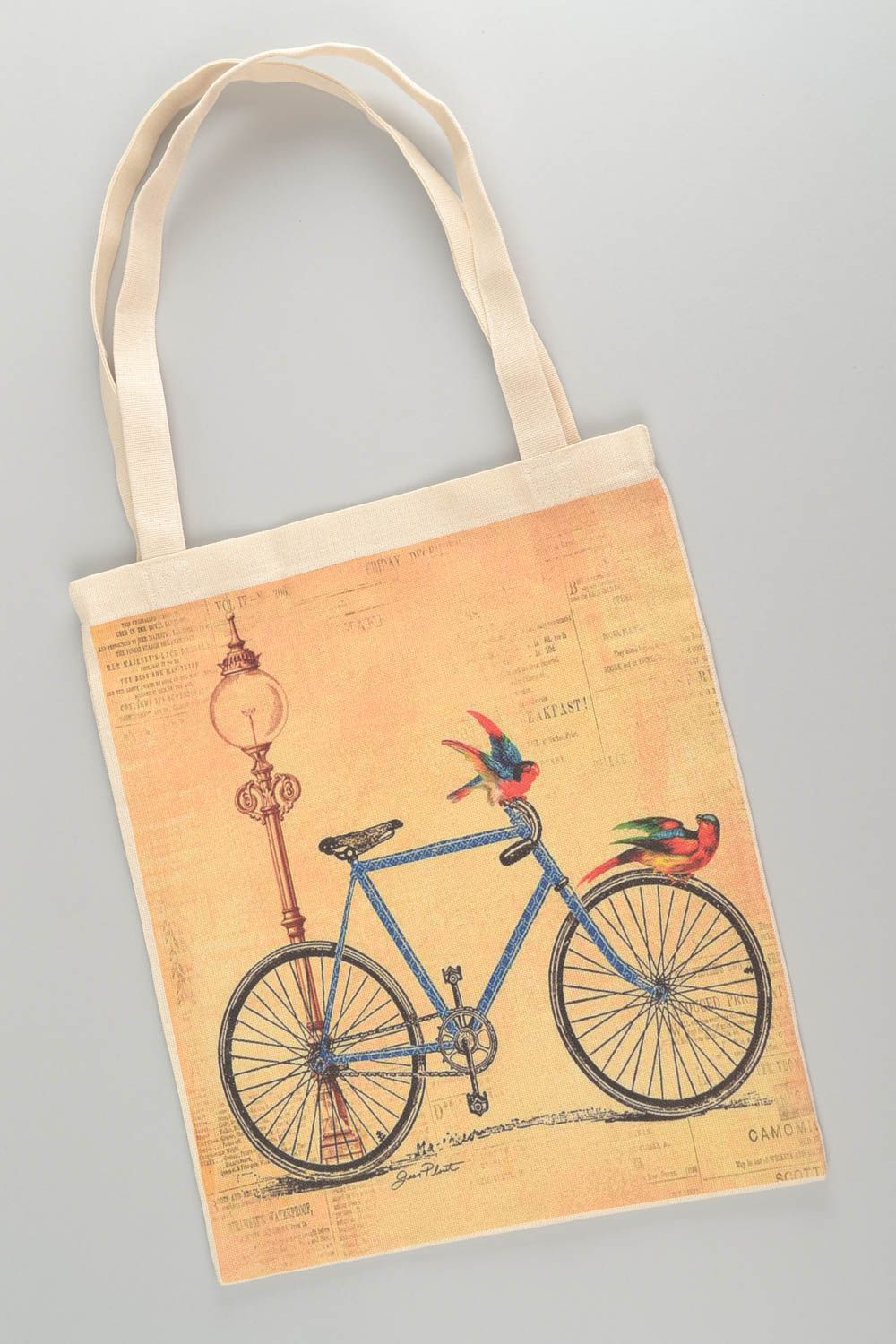 Handmade women's fabric shoulder bag with designer pattern bicycle and parrots photo 3