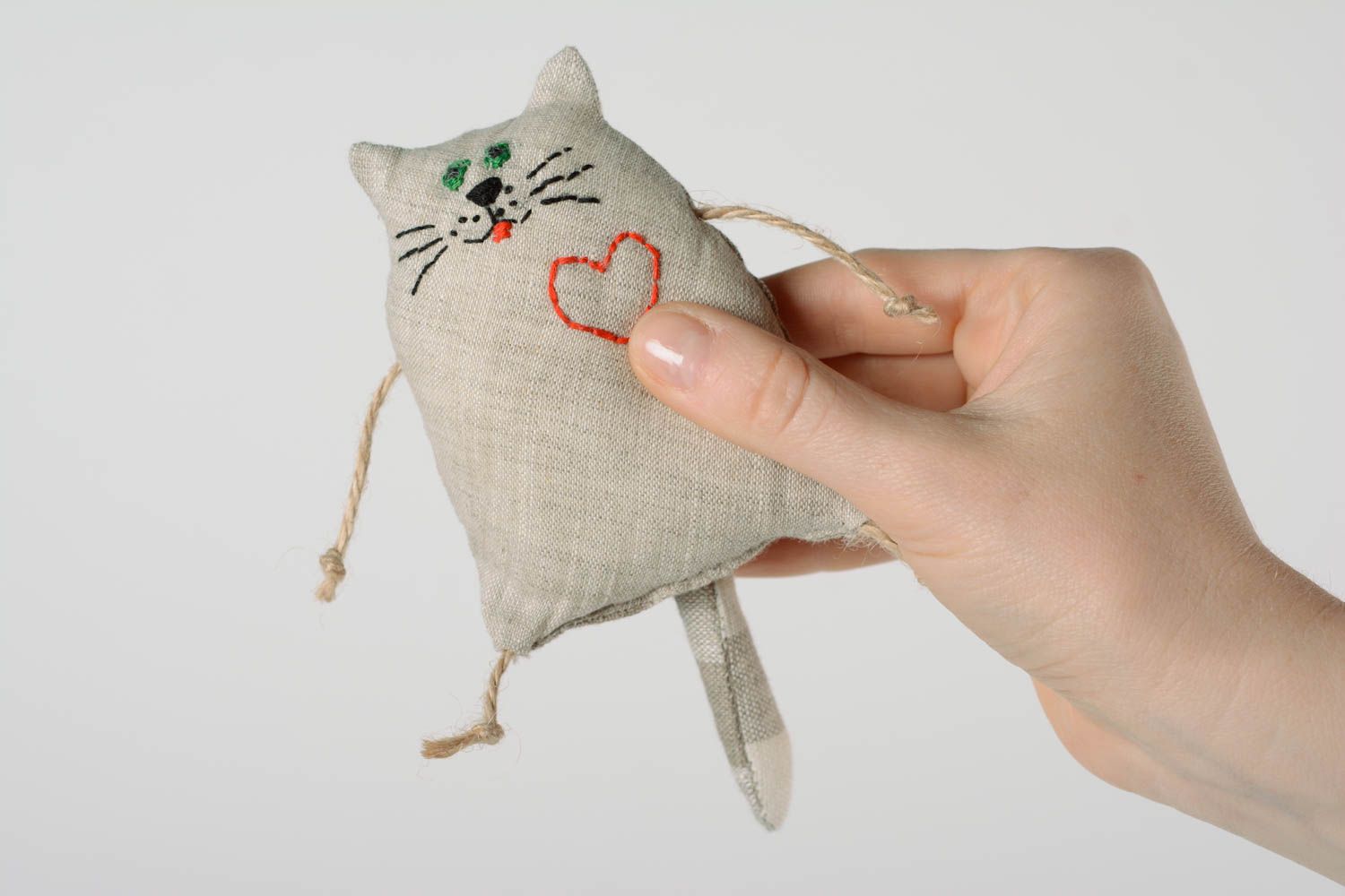 Small handmade linen fabric soft toy kitten with heart for children and interior photo 3