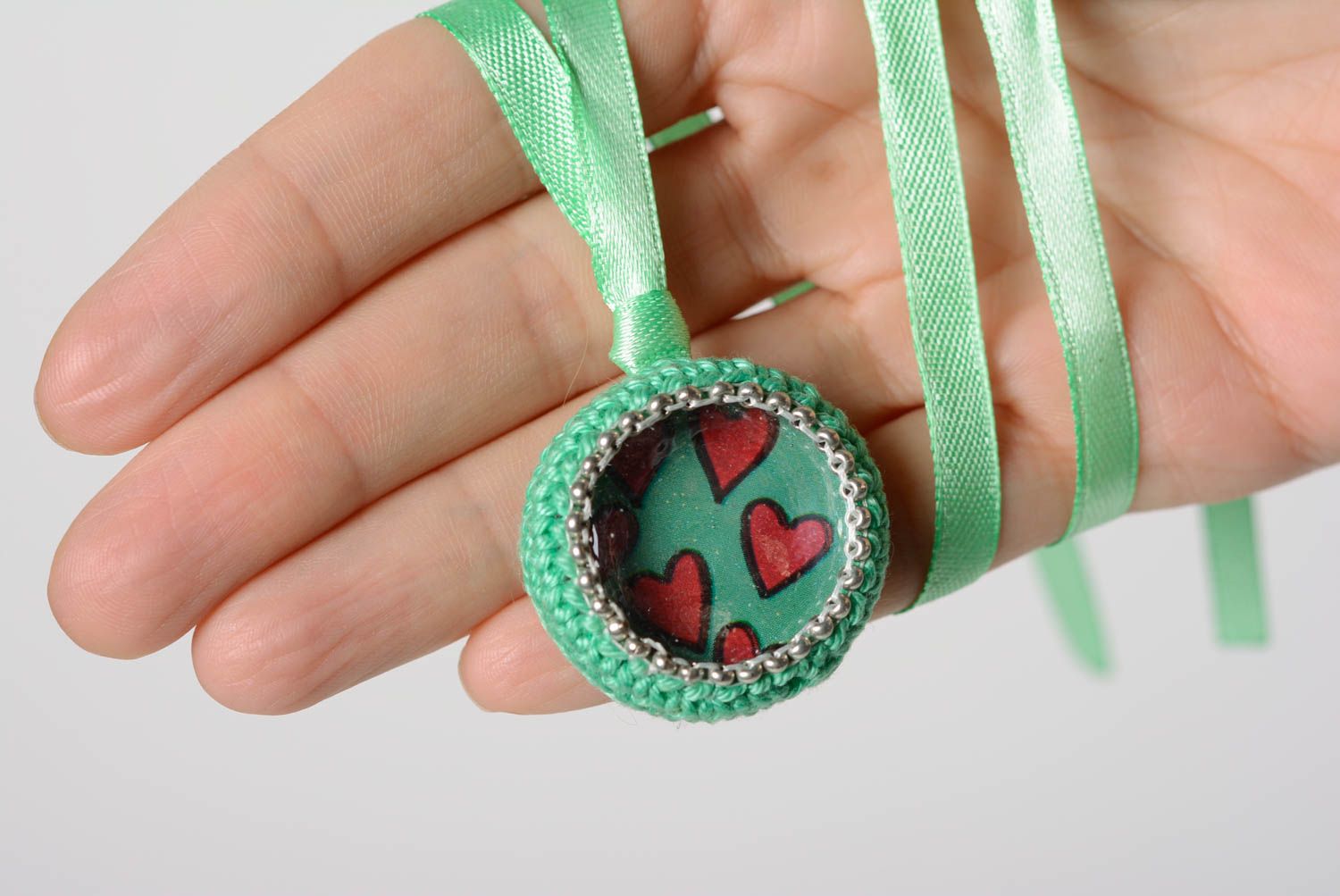 Handmade crochet pendant created of cotton threads and glass button on satin ribbon photo 3