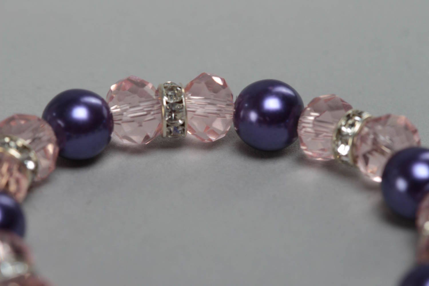 Handmade children's pink wrist bracelet with crystal and ceramic beads photo 4