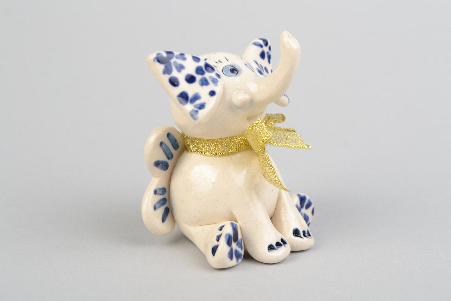 Handmade clay elephant figurine white with blue glaze painting small for home decor photo 3