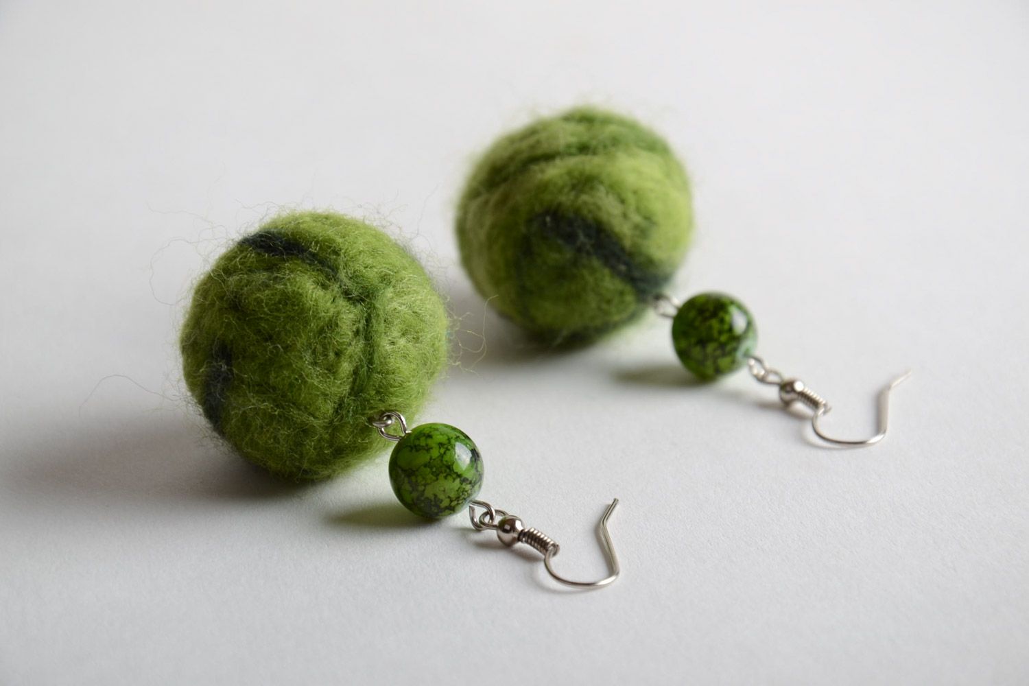Green handmade felted wool ball earrings for girls photo 5