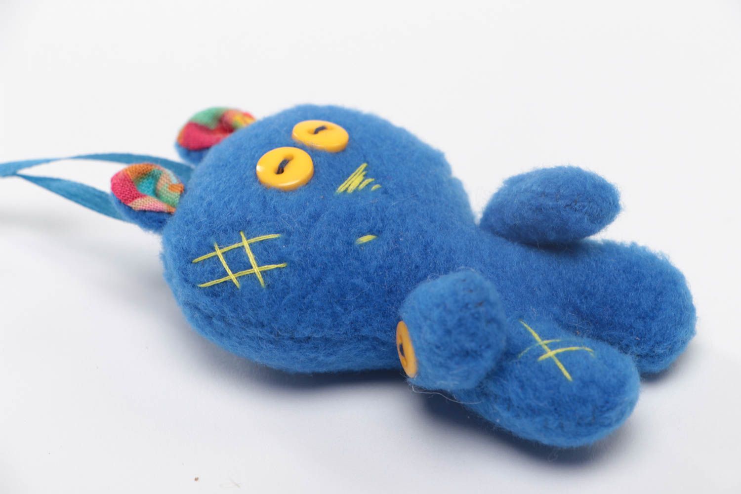 Handmade small soft toy sewn of blue fleece fabric man with eyelet   photo 3