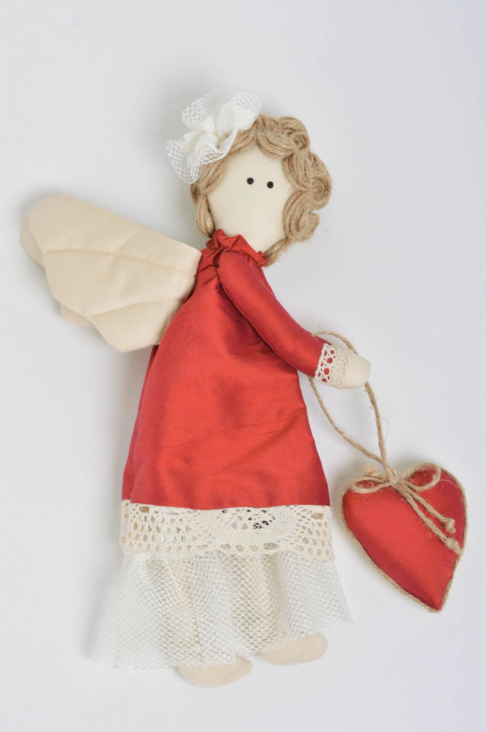 Beautiful nice handmade fabric soft toy with eyelet angel in red dress photo 4